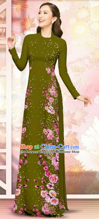 Asian Vietnam Olive Green Cheongsam Dress and Pants Traditional Vietnamese Costumes Classical Plum Blossom Pattern Ao Dai Qipao for Women