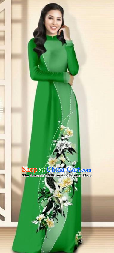 Asian Vietnam Green Cheongsam Dress and Pants Traditional Vietnamese Costumes Classical Flowers Bird Pattern Ao Dai Qipao for Women