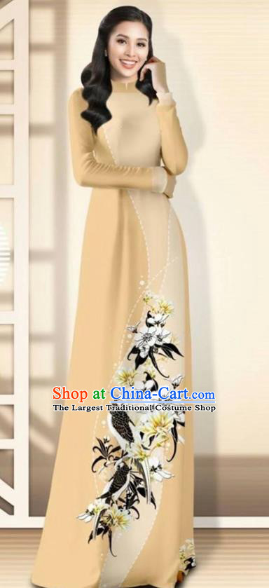 Asian Vietnam Beige Cheongsam Dress and Pants Traditional Vietnamese Costumes Classical Flowers Bird Pattern Ao Dai Qipao for Women