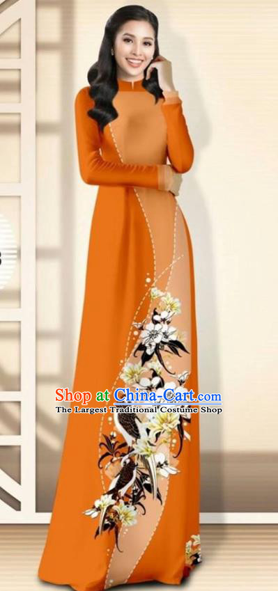 Asian Vietnam Orange Cheongsam Dress and Pants Traditional Vietnamese Costumes Classical Flowers Bird Pattern Ao Dai Qipao for Women