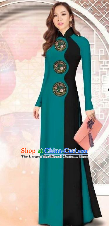 Asian Vietnam Printing Peacock Blue Cheongsam Dress and Pants Traditional Vietnamese Costumes Classical Ao Dai Qipao for Women