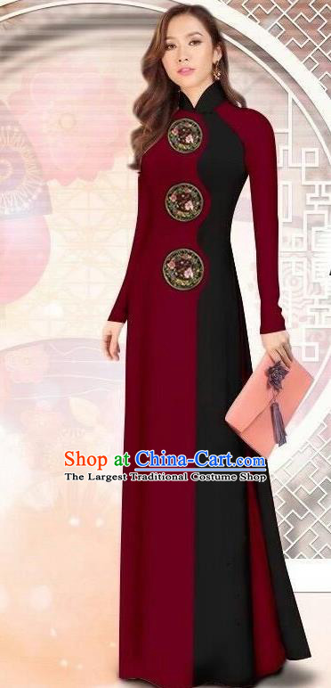 Asian Vietnam Printing Wine Red Cheongsam Dress and Pants Traditional Vietnamese Costumes Classical Ao Dai Qipao for Women