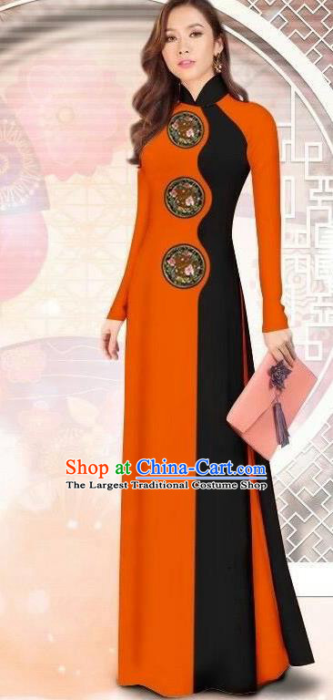 Asian Vietnam Printing Orange Cheongsam Dress and Pants Traditional Vietnamese Costumes Classical Ao Dai Qipao for Women