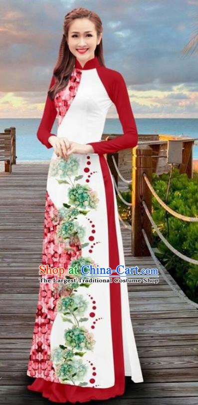 Asian Vietnam Printing Flowers Cheongsam Dress and Pants Traditional Vietnamese Costumes Classical Red Ao Dai Qipao for Women