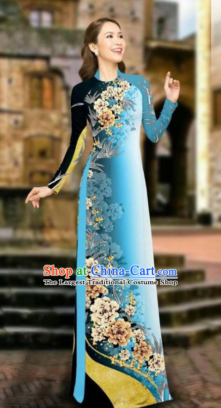 Asian Vietnam Cheongsam Dress and Pants Traditional Vietnamese Costumes Classical Printing Peony Light Blue Ao Dai Qipao for Women