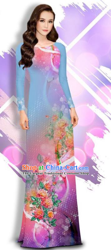 Asian Vietnam Printing Peony Cheongsam and Pants Traditional Vietnamese Female Costumes Classical Light Blue Ao Dai Qipao Dress