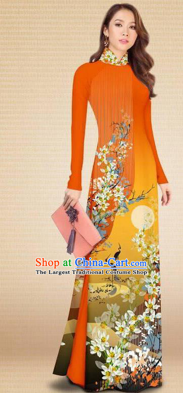 Asian Vietnam Classical Printing Crane Flowers Orange Cheongsam Traditional Vietnamese Costumes Women Ao Dai Qipao Dress and Pants