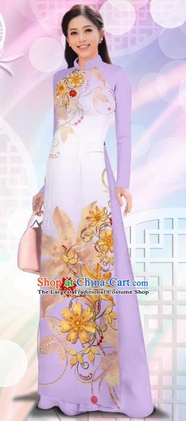 Asian Vietnam Women Classical Cheongsam Traditional Vietnamese Costumes Printing Flowers Lilac Ao Dai Qipao Dress and Pants