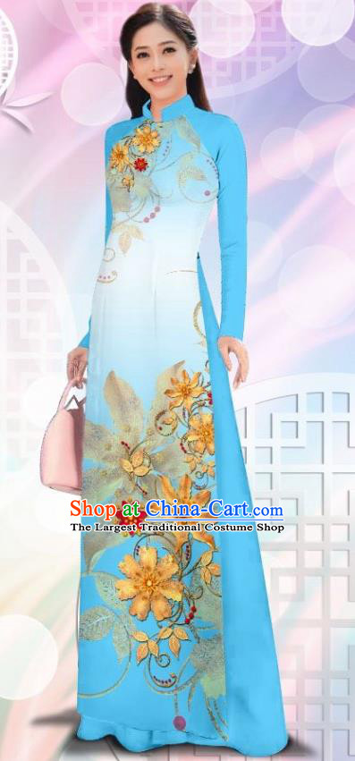 Asian Vietnam Women Classical Cheongsam Traditional Vietnamese Costumes Printing Flowers Light Blue Ao Dai Qipao Dress and Pants