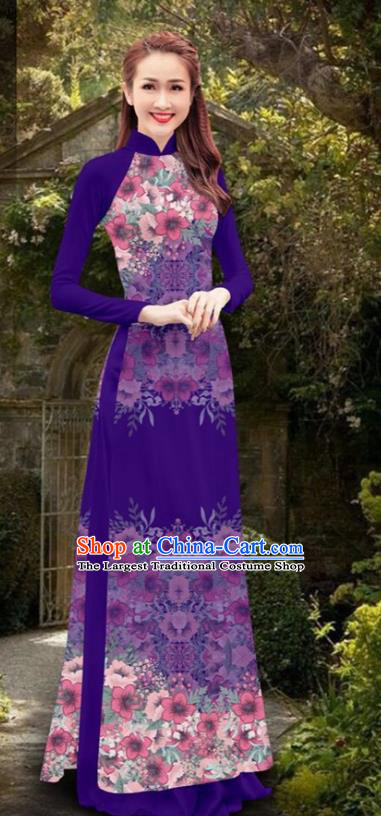 Asian Vietnam Women Cheongsam Costumes Traditional Vietnamese Classical Printing Flowers Purple Ao Dai Qipao Dress and Loose Pants