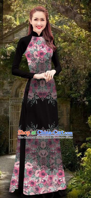 Asian Vietnam Women Cheongsam Costumes Traditional Vietnamese Classical Printing Flowers Black Ao Dai Qipao Dress and Loose Pants