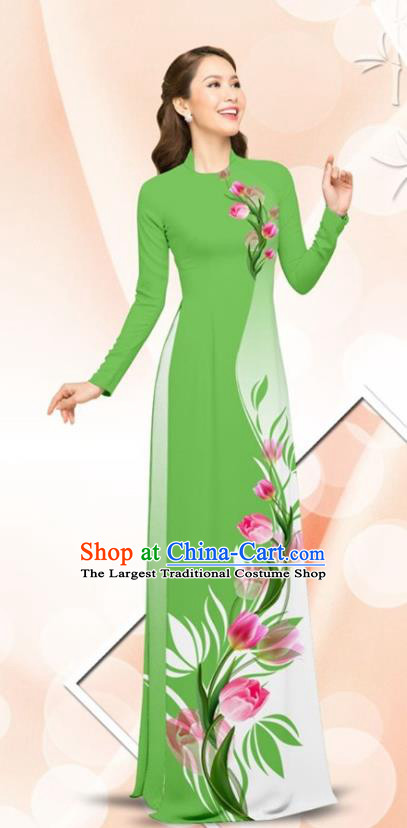 Asian Traditional Vietnamese Classical Printing Tulip Green Ao Dai Qipao Dress and Loose Pants Vietnam Women Cheongsam Costumes