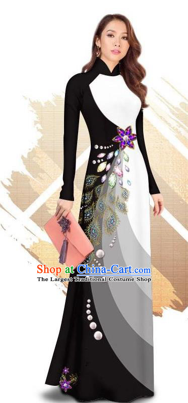 Traditional Vietnamese Classical Black Ao Dai Qipao Dress and Loose Pants Asian Vietnam Women Cheongsam Costumes