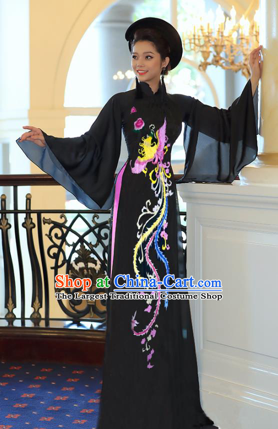 Traditional Vietnamese Colorful Phoenix Pattern Black Ao Dai Qipao Dress and Pants Asian Vietnam Cheongsam Classical Court Costumes