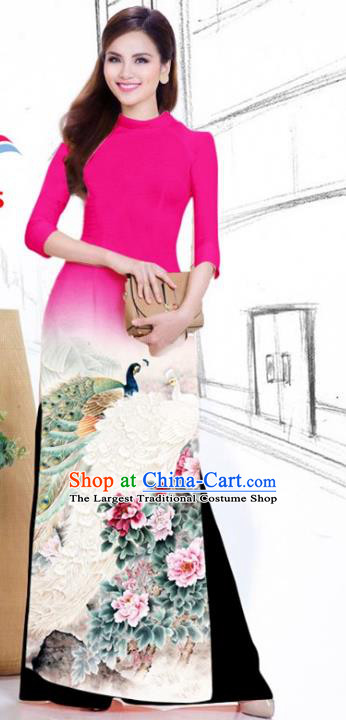 Traditional Vietnamese Printing Peacock Peony Rosy Ao Dai Qipao Dress and Pants Asian Vietnam Classical Cheongsam Women Costumes