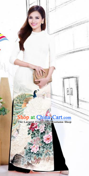 Traditional Vietnamese Printing Peacock Peony White Ao Dai Qipao Dress and Pants Asian Vietnam Classical Cheongsam Women Costumes