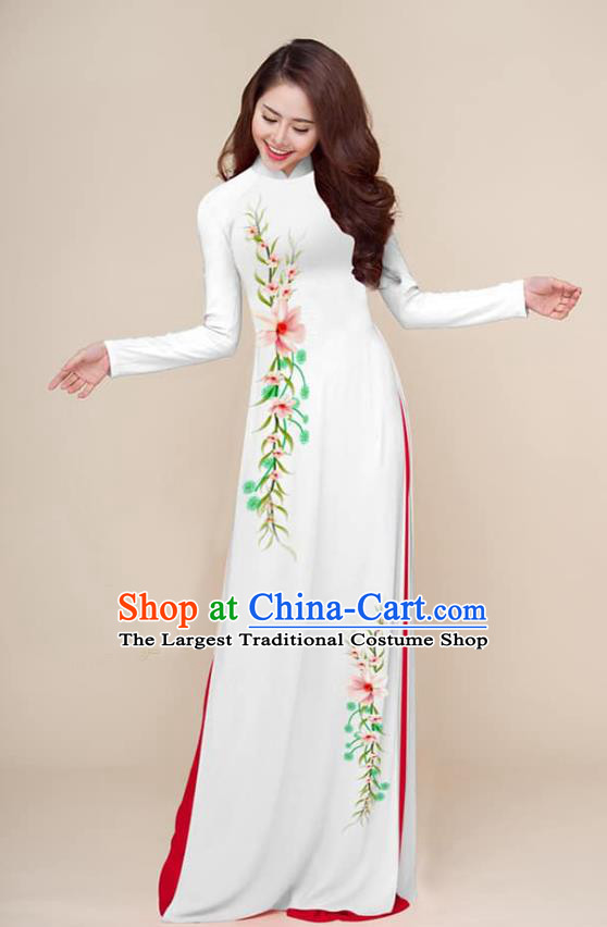 Traditional Vietnamese Hand Painting White Ao Dai Qipao Dress and Pants Asian Vietnam Classical Cheongsam Female Costumes