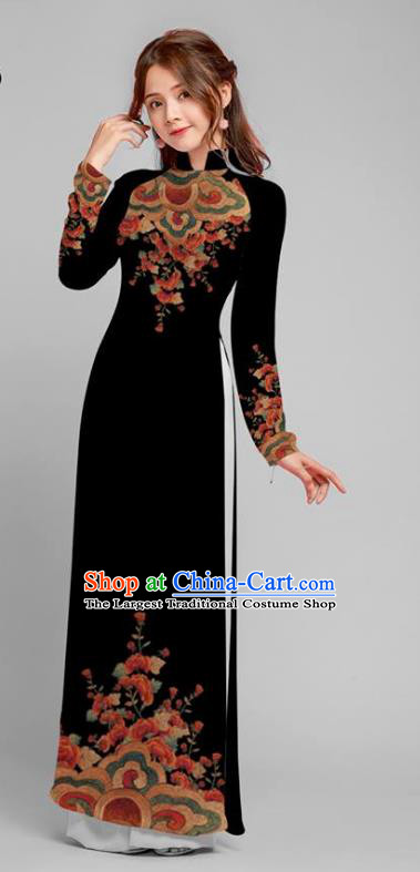 Traditional Vietnamese Clouds Pattern Ao Dai Qipao Dress and Pants Asian Vietnam Classical Court Black Cheongsam Costumes