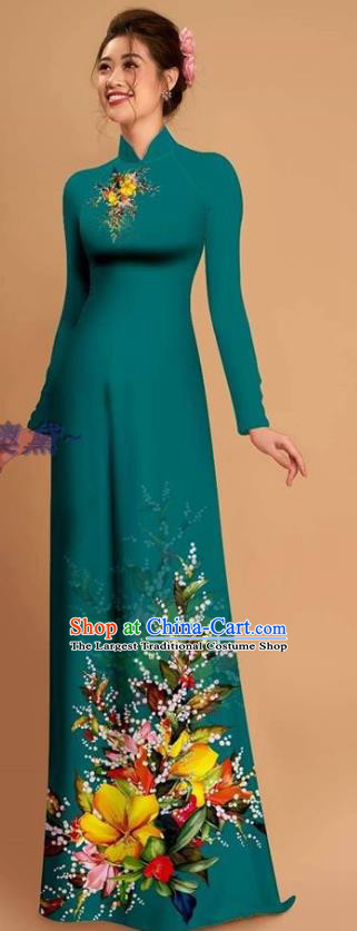 Traditional Vietnamese Bride Teal Ao Dai Qipao Dress and Pants Asian Vietnam Classical Printing Flowers Cheongsam Costumes