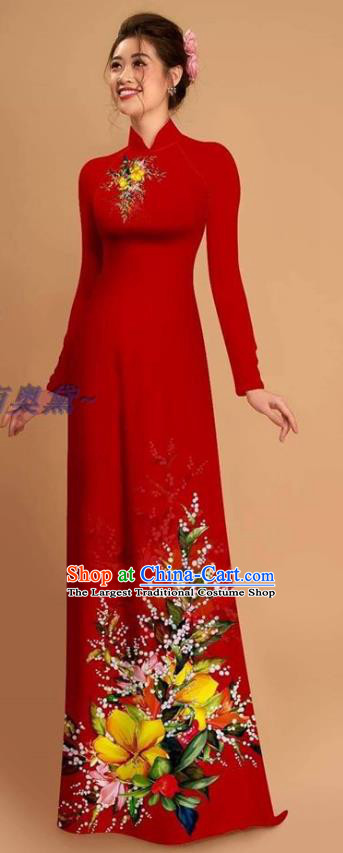 Traditional Vietnamese Bride Red Ao Dai Qipao Dress and Pants Asian Vietnam Classical Printing Flowers Cheongsam Costumes