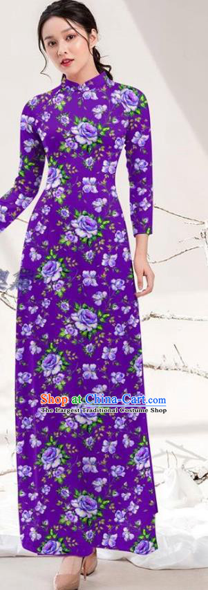 Traditional Vietnamese Printing Rose Purple Ao Dai Qipao Dress and Pants Asian Vietnam Stage Show Cheongsam Costumes