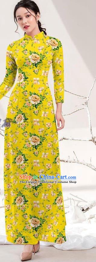 Traditional Vietnamese Printing Rose Yellow Ao Dai Qipao Dress and Pants Asian Vietnam Stage Show Cheongsam Costumes