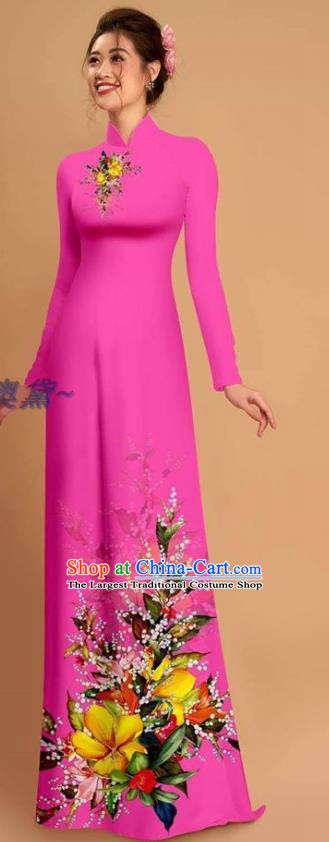 Traditional Vietnamese Bride Rosy Ao Dai Qipao Dress and Pants Asian Vietnam Classical Printing Flowers Cheongsam Costumes