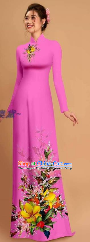 Traditional Vietnamese Bride Magenta Ao Dai Qipao Dress and Pants Asian Vietnam Classical Printing Flowers Cheongsam Costumes