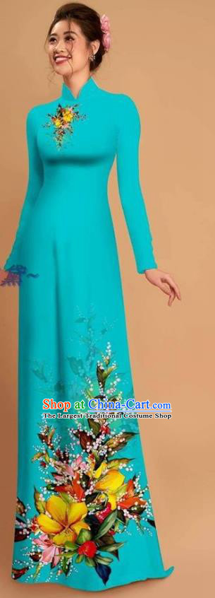 Traditional Vietnamese Bride Lake Blue Ao Dai Qipao Dress and Pants Asian Vietnam Classical Printing Flowers Cheongsam Costumes