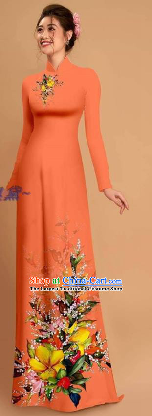 Traditional Vietnamese Bride Light Orange Ao Dai Qipao Dress and Pants Asian Vietnam Classical Printing Flowers Cheongsam Costumes