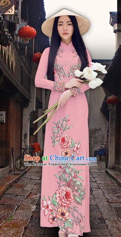 Asian Vietnam Court Classical Cheongsam Traditional Vietnamese Printing Peony Pink Ao Dai Qipao Dress and Loose Pants Women Costumes