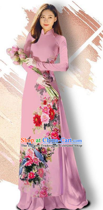 Asian Vietnam Classical Court Cheongsam Traditional Vietnamese Printing Peony Bird Lilac Ao Dai Qipao Dress and Loose Pants Women Costumes