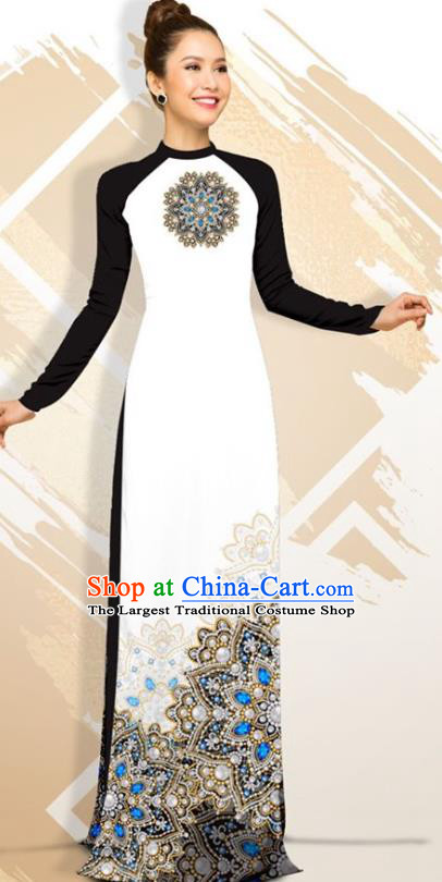 Asian Vietnam Classical Court Female Cheongsam Costumes Traditional Vietnamese Black Ao Dai Qipao Dress and Loose Pants