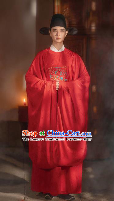 Chinese Ming Dynasty Wedding Historical Costumes Traditional Ancient Official Hanfu Apparels Embroidered Red Robe for Men