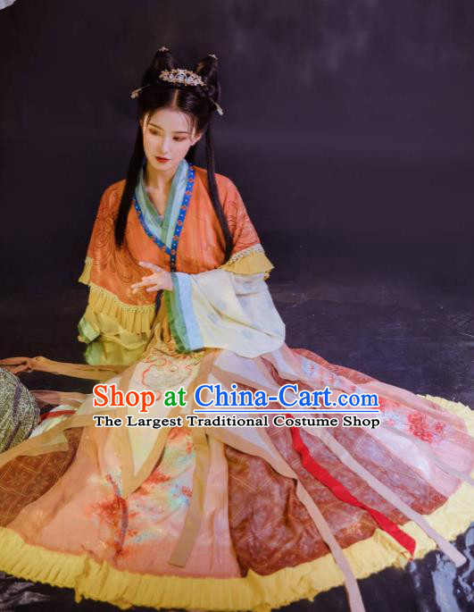 Chinese Jin Dynasty Infanta Historical Costumes Traditional Hanfu Apparels Ancient Palace Princess Embroidered Dress for Women