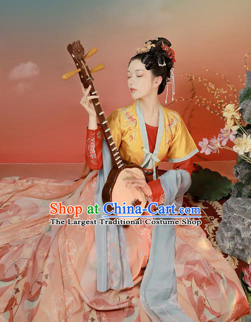 Chinese Ancient Tang Dynasty Palace Lady Historical Costumes Traditional Hanfu Apparels Embroidered Top Blouse and Skirt Complete Set