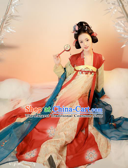 Chinese Tang Dynasty Historical Costumes Traditional Hanfu Apparels Ancient Princess Embroidered Top Blouse and Dress for Women