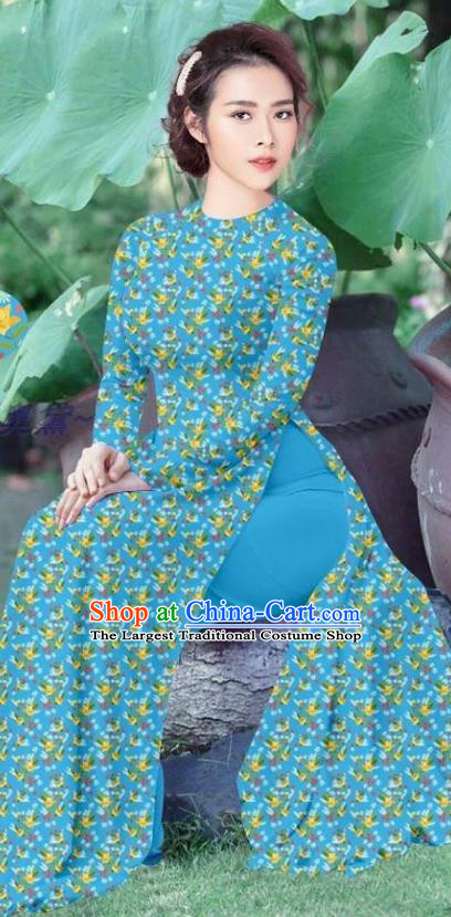 Traditional Custom Vietnamese Blue Ao Dai Qipao Dress and Pants Asian Vietnam Stage Show Cheongsam Female Costumes