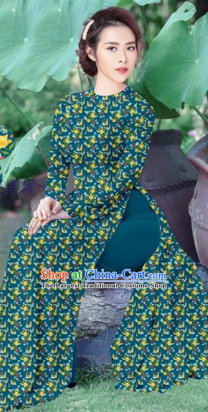 Custom Vietnamese Traditional Ao Dai Dress and Pants Asian Vietnam Teal Qipao Women Cheongsam National Costumes