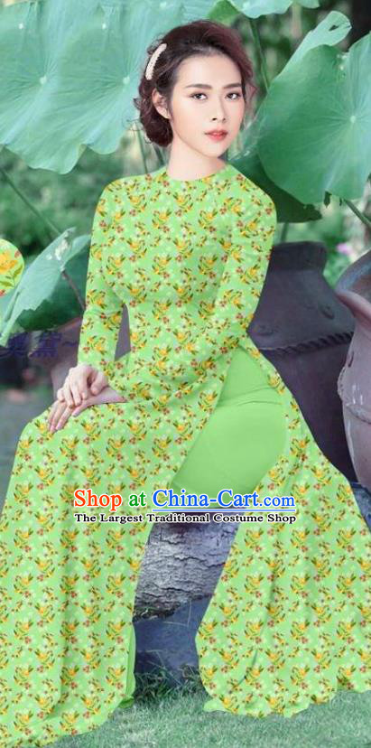 Custom Light Green Vietnamese Uniforms Traditional Ao Dai Dress and Pants Asian Vietnam Cheongsam Qipao Women Costume