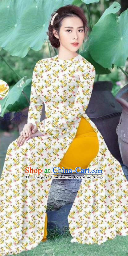 Vietnamese Custom White Qipao Traditional Ao Dai Dress and Pants Asian Vietnam Cheongsam Women Uniforms Costume