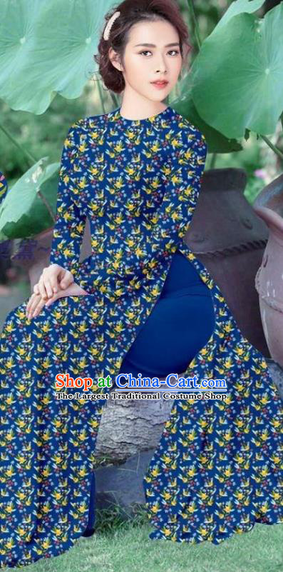 Vietnamese Traditional Ao Dai Dress Asian Vietnam Costume Custom Cheongsam Women Deep Blue Qipao and Pants Uniforms