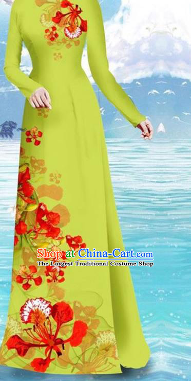 Light Green Asian Vietnamese Printing Cockscomb Pattern Cheongsam Custom Qipao and Pants Uniforms Vietnam Ao Dai Dress Traditional Female Costume