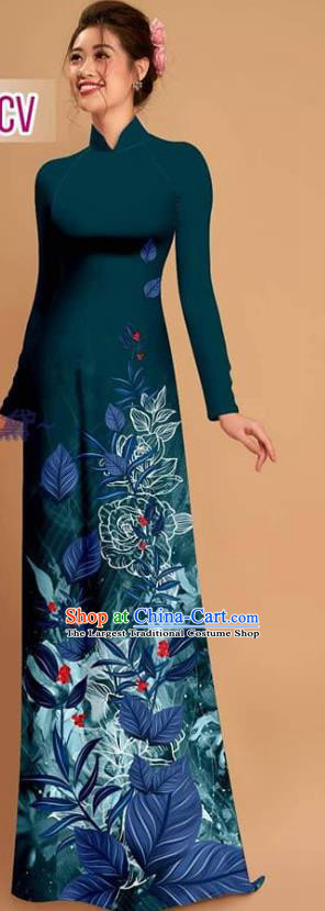 Custom Printing Atrovirens Qipao with Pants Uniforms Vietnam Traditional Ao Dai Dress Asian Vietnamese Costume