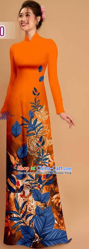 Vietnamese Custom Uniforms Traditional Ao Dai Dress Asian Vietnam Costume Printing Orange Qipao with Pants