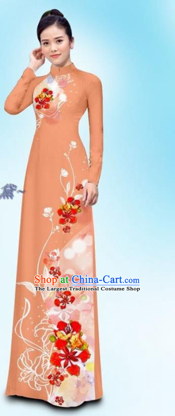 Traditional Vietnamese Custom Uniforms Ao Dai Cheongsam and Pants Asian Vietnam Qipao Dress Woman Orange Clothing