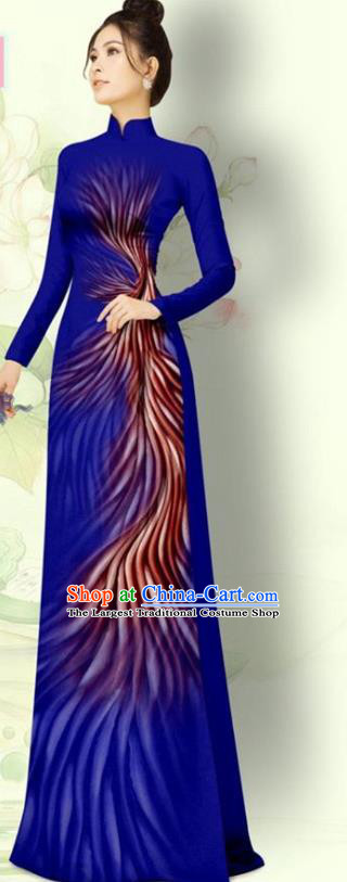 Vietnamese Traditional Bride Ao Dai Qipao with Pants Uniforms Asian Vietnam Custom Royalblue Dress Costume