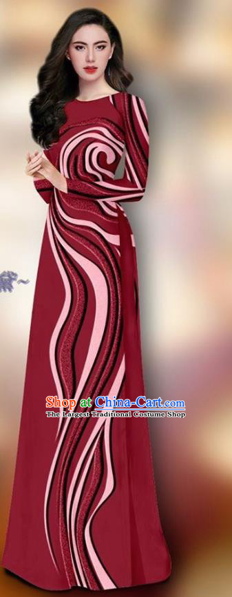 Wine Red Vietnam Dress Custom Uniforms Traditional Asian Ao Dai Clothing Vietnamese Woman Cheongsam and Pants