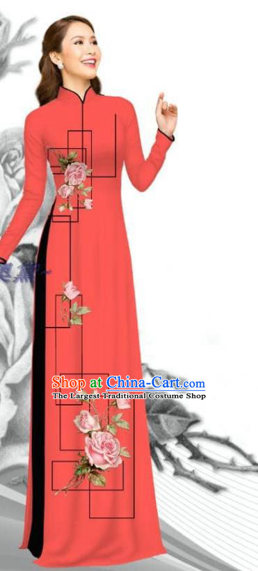 Asian Traditional Vietnam Women Printing Rose Dress with Pants Uniforms Bride Costume Vietnamese Magenta Ao Dai Clothing