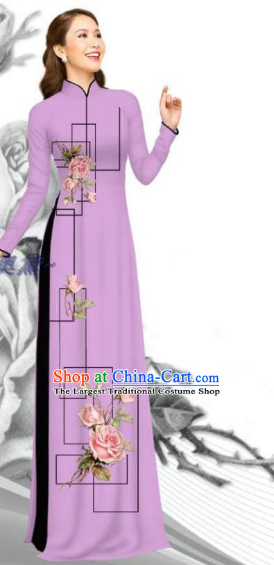 Traditional Vietnam Printing Rose Violet Dress with Pants Women Uniforms Bride Costume Asian Vietnamese Ao Dai Clothing